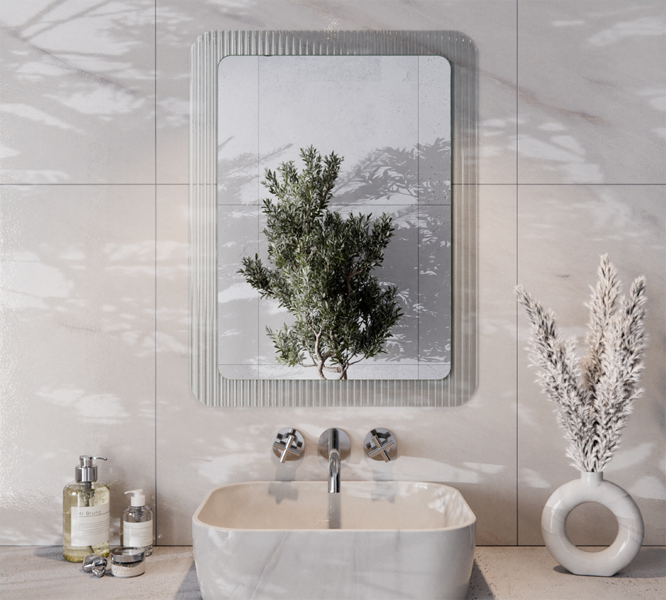Silberner runder Spiegel 60cm Ornamentglas Weiß Flutez 80cm ISMENA